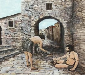 Quadro - L'abbraccio ai poveri e l'addio alla sua terra